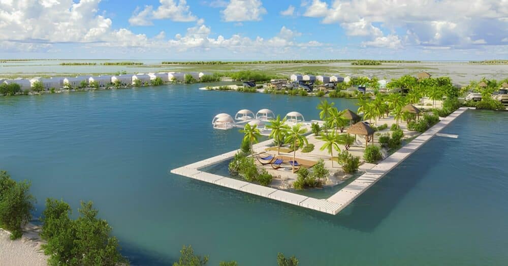 A Luxurious Getaway in the Florida Keys, with an aerial view of a resort on the water at Sugarloaf Key.