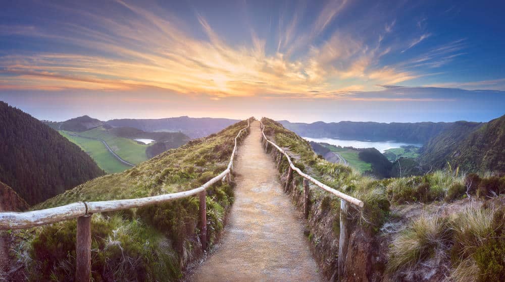 A hiking trail leading to the top of a mountain at sunset in West Virginia.