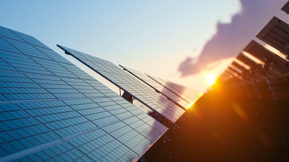 Redesigned solar farm at Saratoga County Golf Course, capturing the beauty of ground-mounted solar panels during sunset.