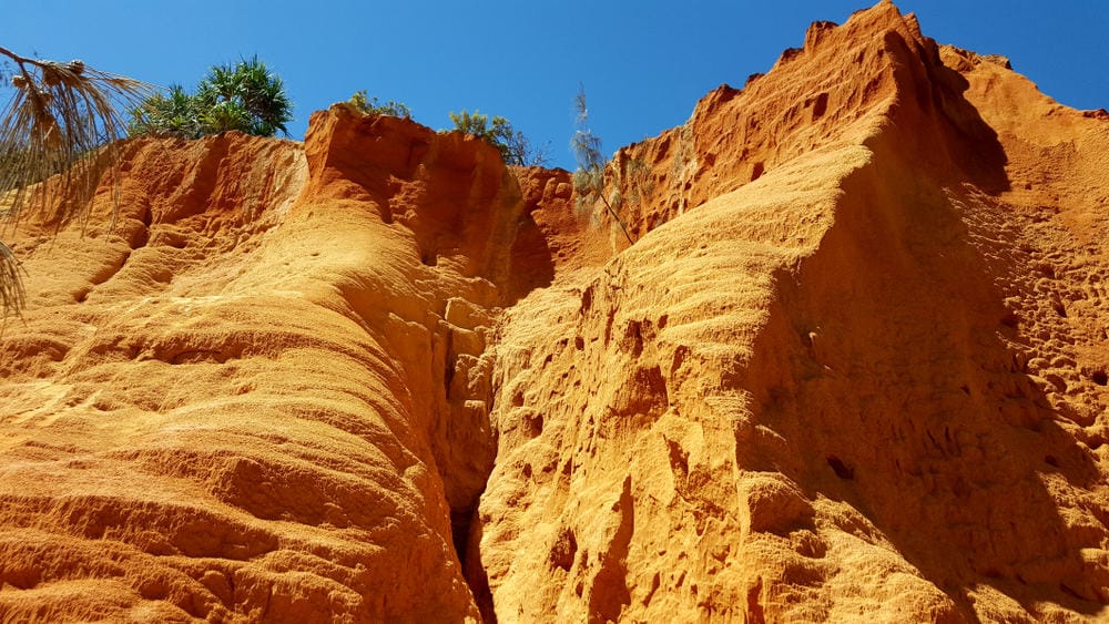 A red sand cliff with trees in the background, located on Fraser Island in Queensland Parks.