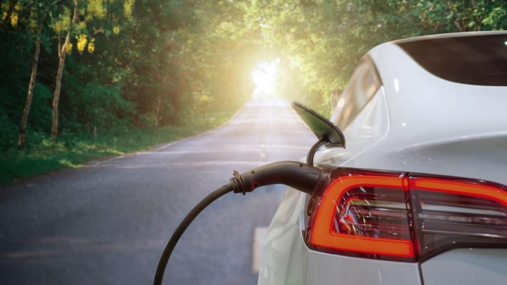 A white Tesla Model S plugged into an electric charger at an Oregon State Park's electric vehicle charging station, promoting sustainable tourism.