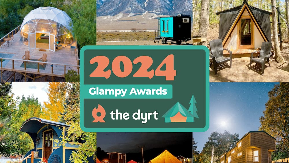 A collage showcasing various glamping accommodations for the "2024 Glampy Awards" by The Dyrt, Auto Draft.