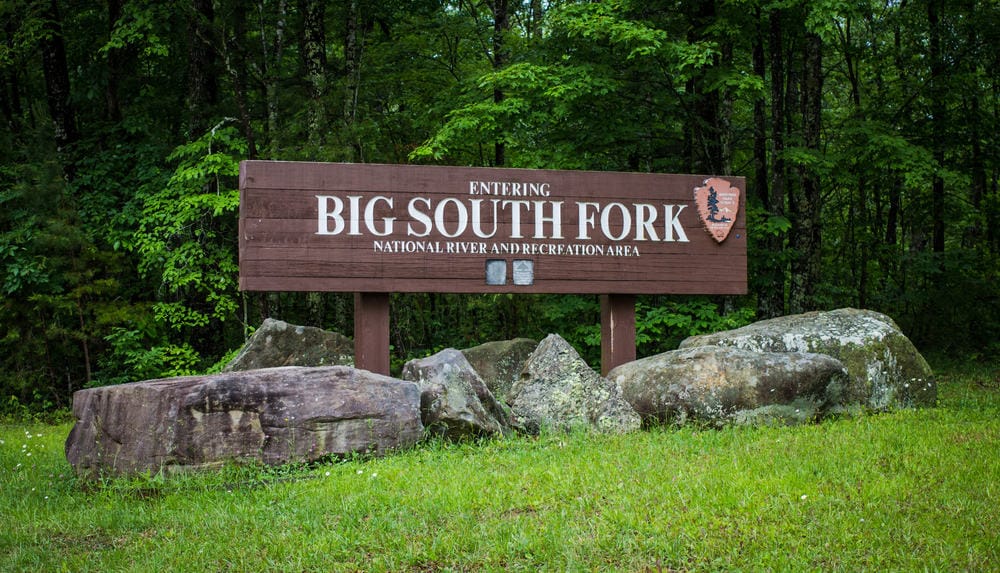 A sign for the Big South Fork in the woods near the 30th Annual Storytelling Festival.