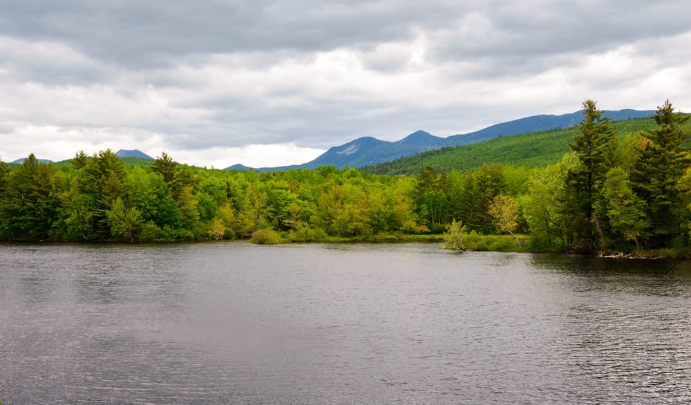 A lake surrounded by trees and mountains on a cloudy day in Katahdin Woods and Waters National Monument.