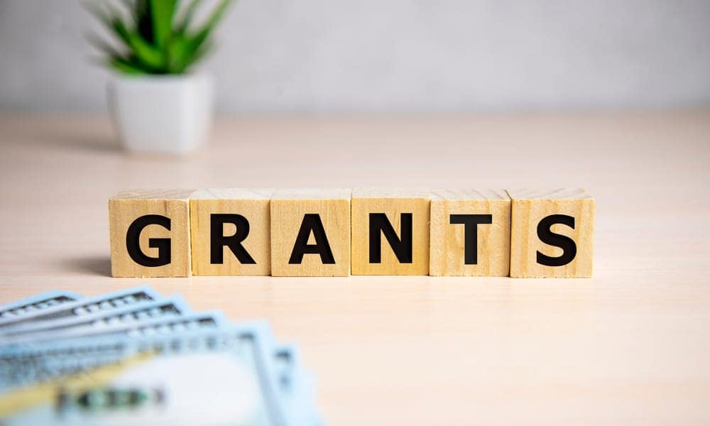 A wooden block with the word grants on it next to a stack of money for campground development.