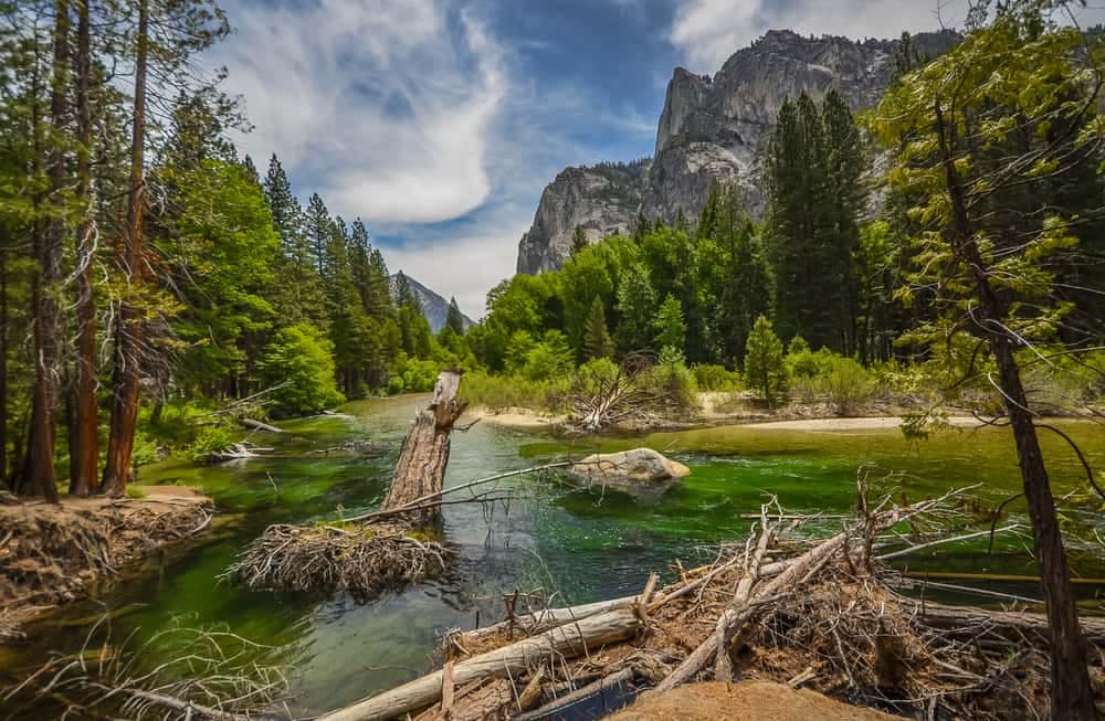 The majestic Yosemite River flows through the breathtaking Yosemite National Park offering captivating views of its pristine wilderness.