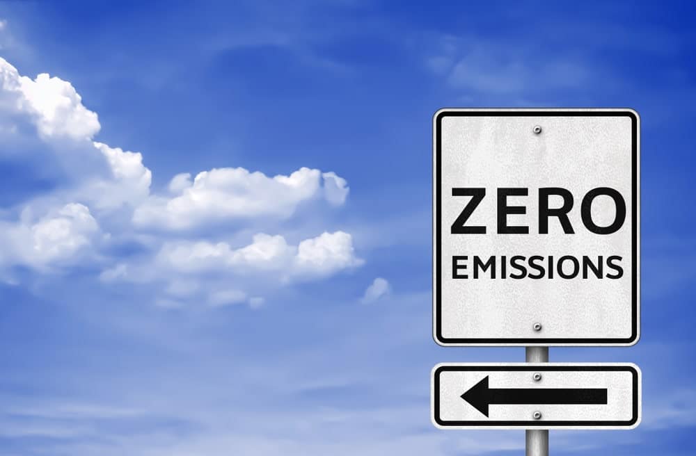A sign with the words "zero emissions" against a blue sky, showcasing California's commitment to updates regulations and the efforts of the Air Resources Board.