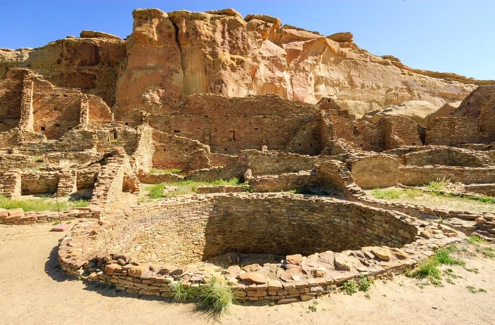 The ruins of a pueblo in Chaco Canyon, with rockfall hazards.