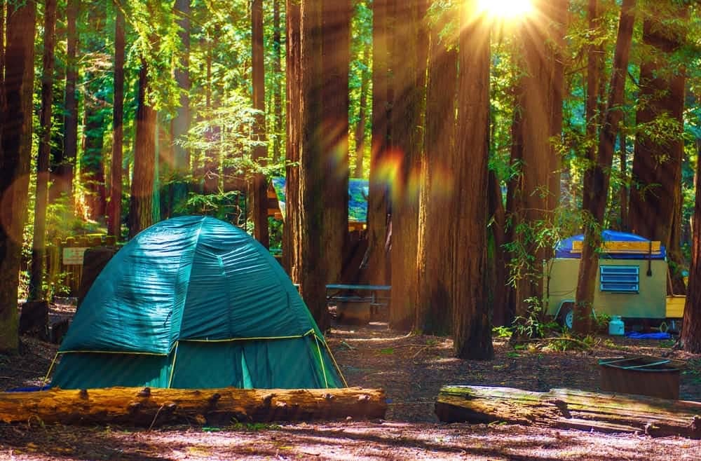 A tent set up in the woods with the sun shining on it. CampCalNOW and California Outdoor Hospitality Association are dedicated to promoting outdoor accommodations and fostering a love for camping in beautiful natural settings