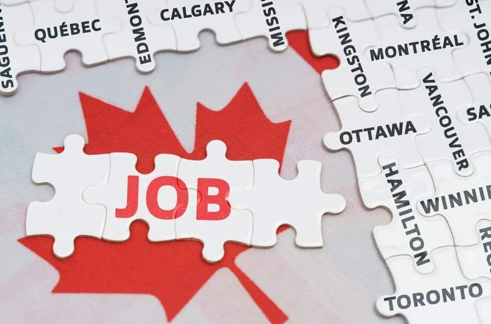 A puzzle piece with the word job and a Canadian flag, highlighting the role of Labor Market Needs in the Temporary Foreign Worker Program supported by the Canadian Gov't.