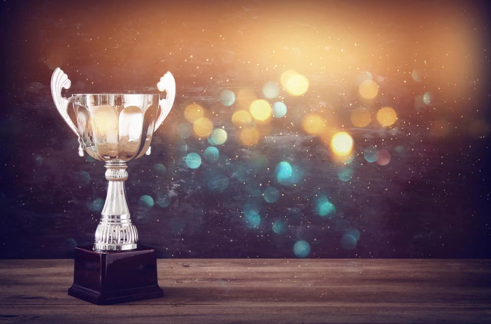 A silver trophy on a wooden table with a blurred background, symbolizing the Finalists of RVWA's Lifetime Achievement Award.
