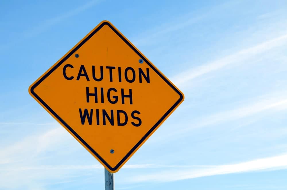 A caution high winds sign is posted on the roads of Great Smoky Mountains National Park.