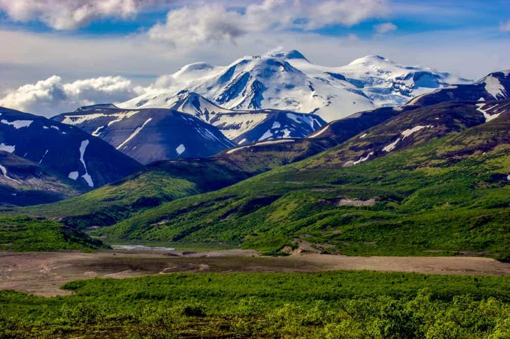 A snow capped mountain range in Katmai National Park.