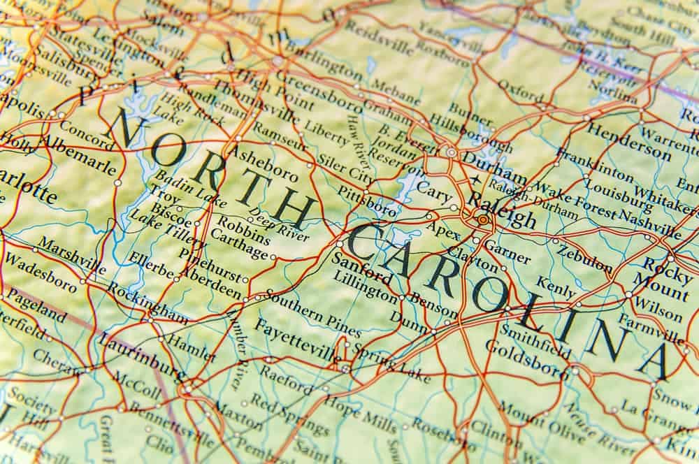 A close up of a map of North Carolina showcasing the Town of Belville and parks.