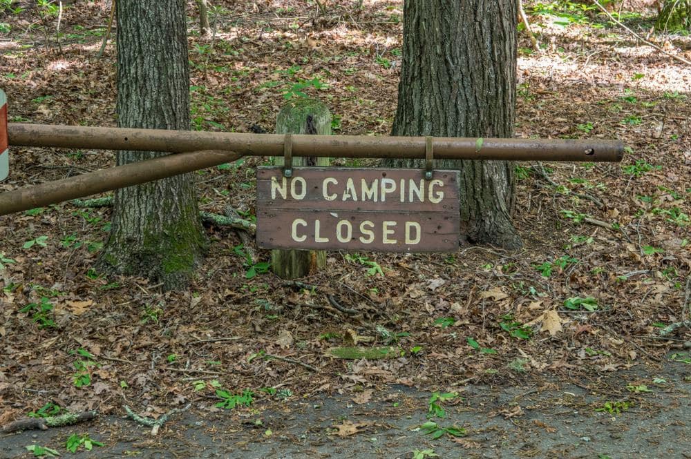 A closed no camping sign in a wooded area near the Cable Cove Campground to reduce maintenance costs.