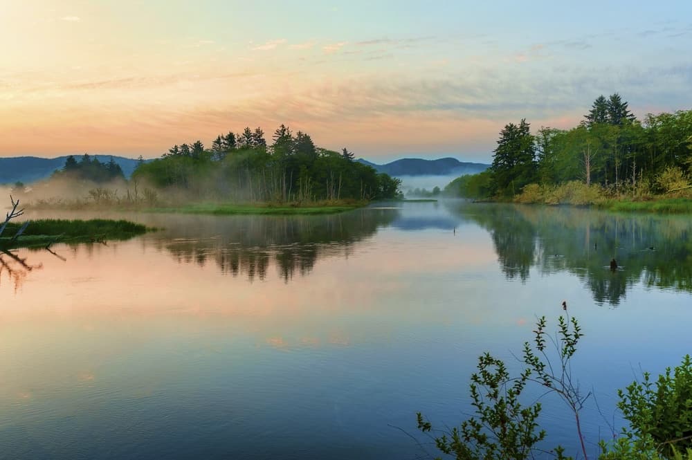 Sunrise over a river in Oregon with trees in the background.