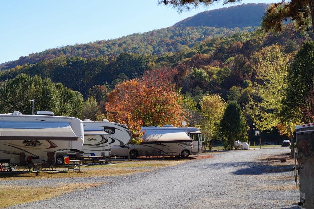 A group of RVs parked at a campground near Chattanooga.