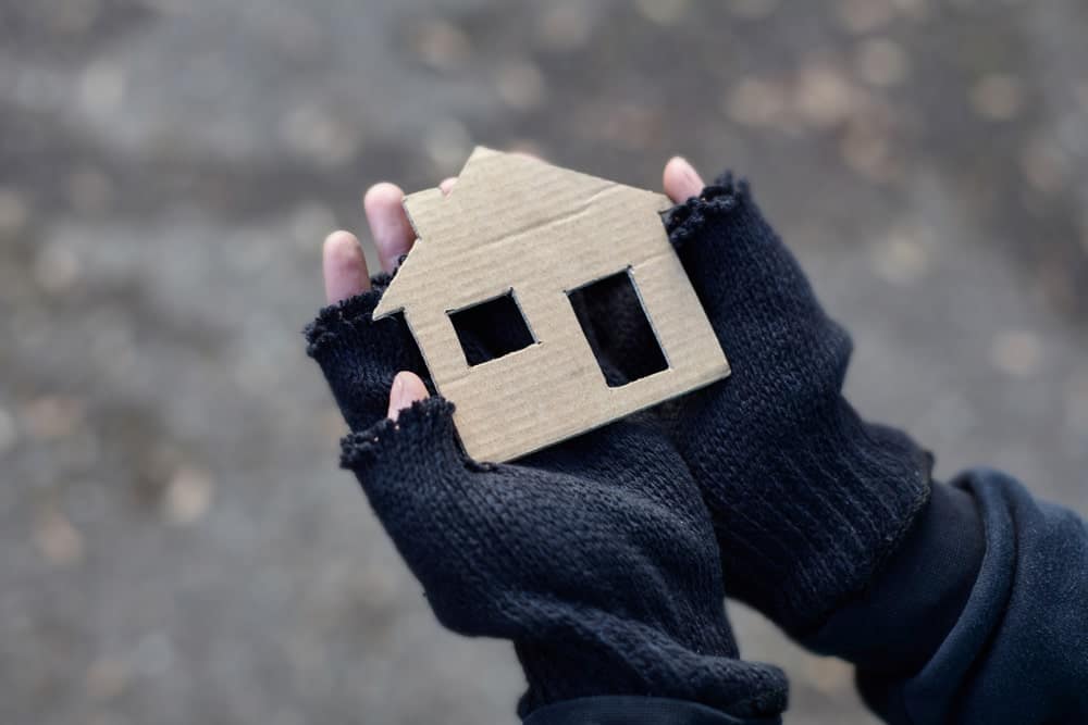 A homeless person holding a cardboard house in their hands, potentially impacted by the Proposed Bylaw for NZ Freedom Campsite.