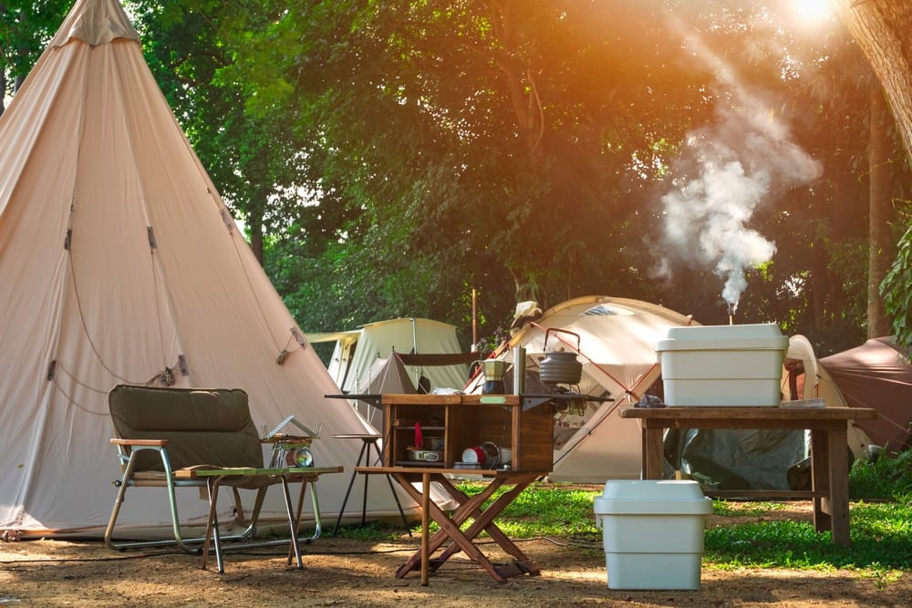 A teepee tent nestled in the Virginia Historic Triangle Campgrounds.
