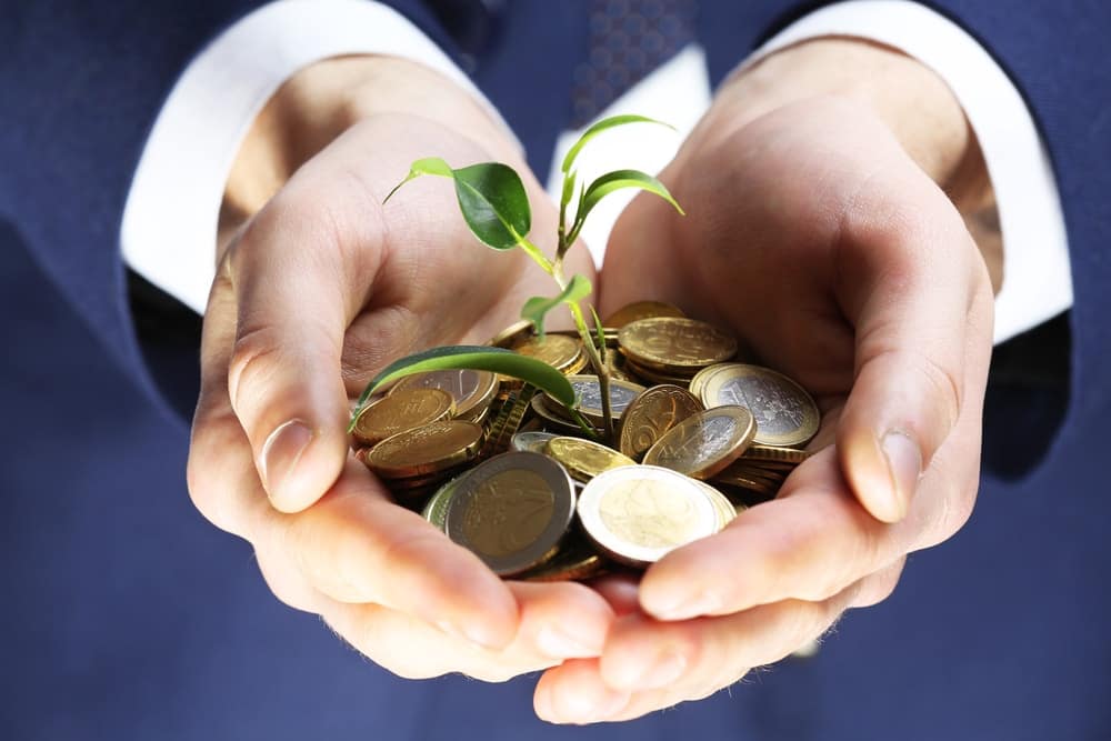 A man in a suit holding coins and a plant, showcasing potential recreation projects funded by ARPA funds in Georgia County.