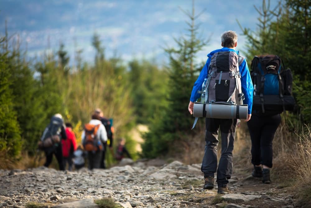 A group of people hiking with backpacks on a trail.