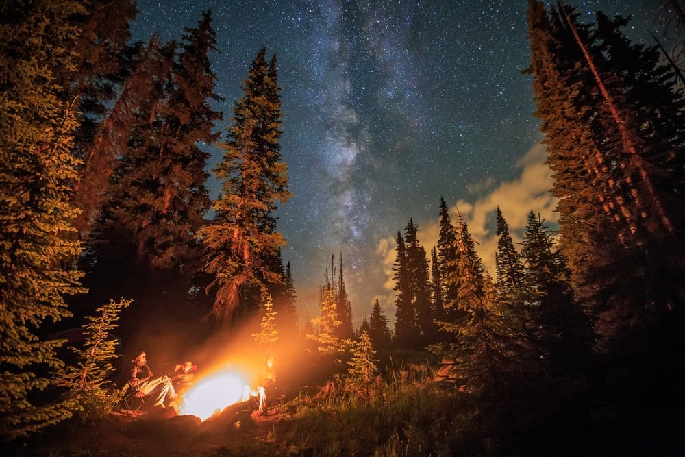 A campfire in the woods under a breathtaking view of the milky way, enjoyed by outdoor recreation enthusiasts.
