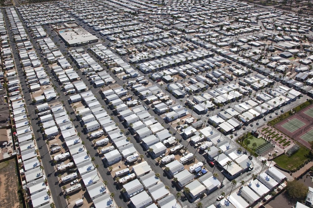 An aerial view of an RV park in Arizona.