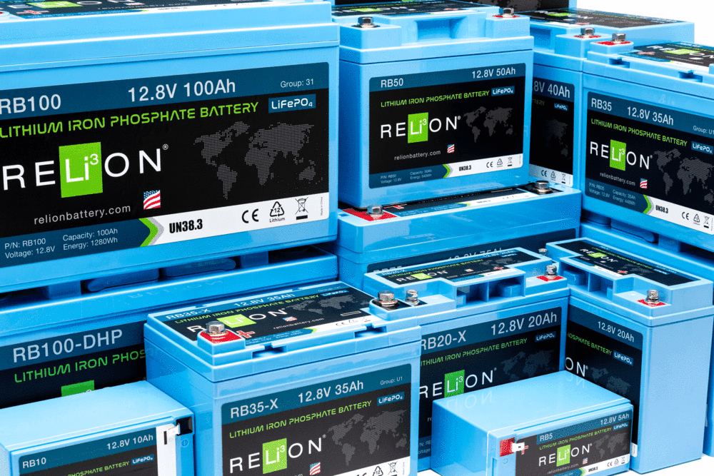 A stack of blue RELiON batteries.