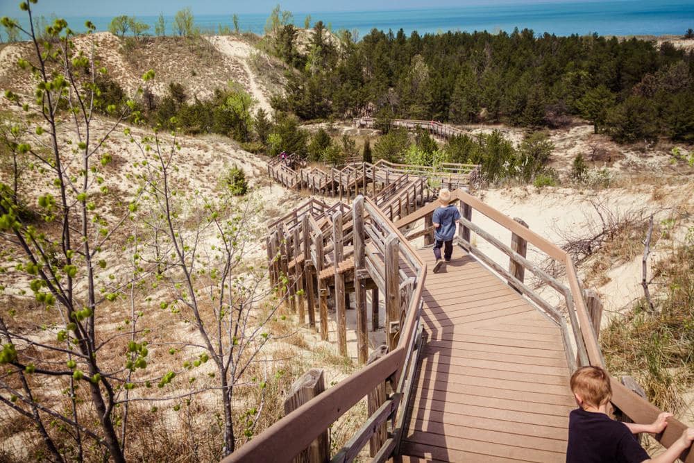 A group of people are walking up a wooden boardwalk.
