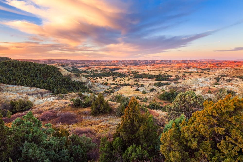 Sunset at Badlands National Park, located near the North Dakota-Canada border in the U.S. As international travel restrictions continue, this iconic park offers an alternative option for tourism within the country