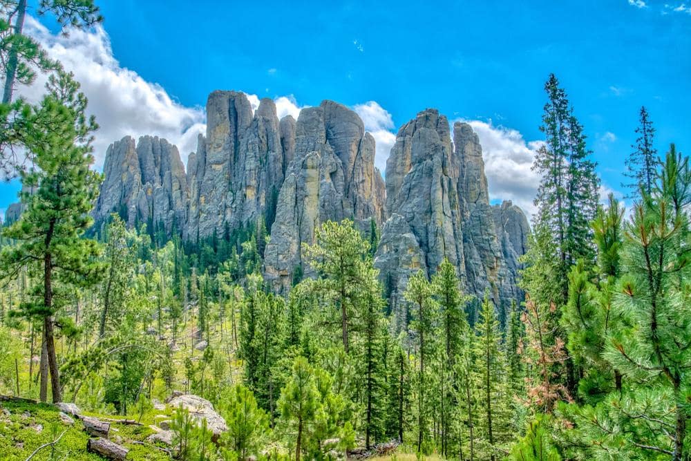 The private campgrounds are surrounded by trees and a blue sky.