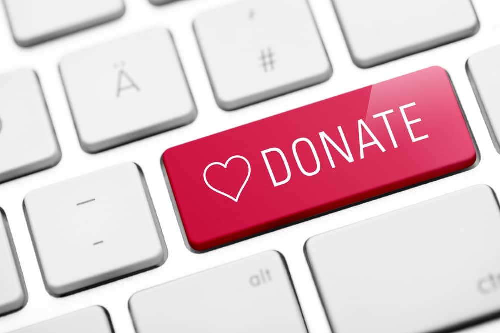 A red button with the word donate on it.