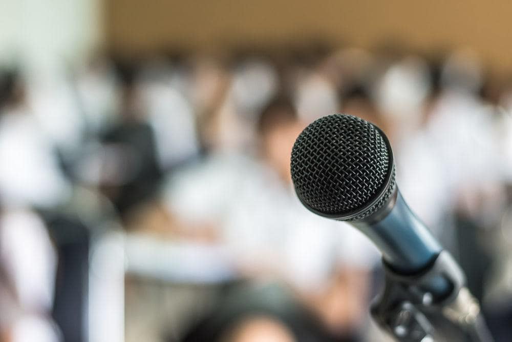 An image of a microphone at a Public Hearing in Chesterton.
