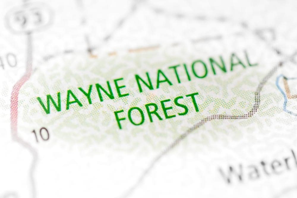 Wayne National Forest, known for its scenic beauty and camping facilities, can be easily located on a map.