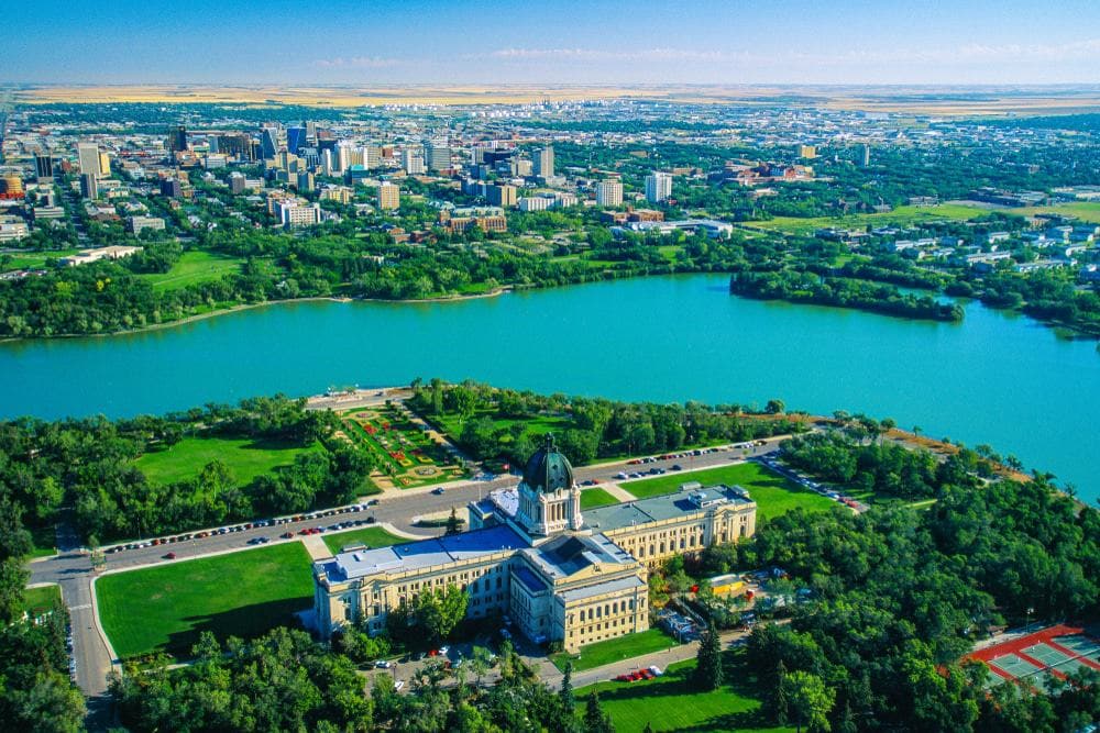 An aerial view of the city of Edmonton, Canada showcasing its urban landscape.