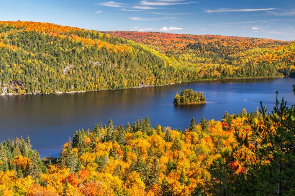 La Mauricie National Park's management plan includes preserving the serene beauty of a lake surrounded by trees in the fall.