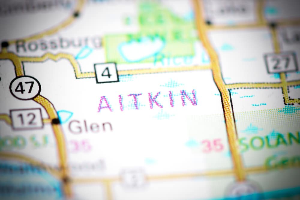 A map with the word aitkin and cabins on it.
