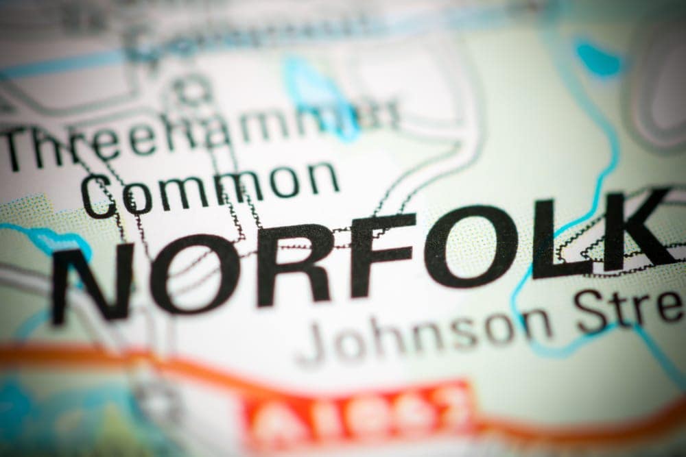 A map of norfolk with the word norfolk on it.
