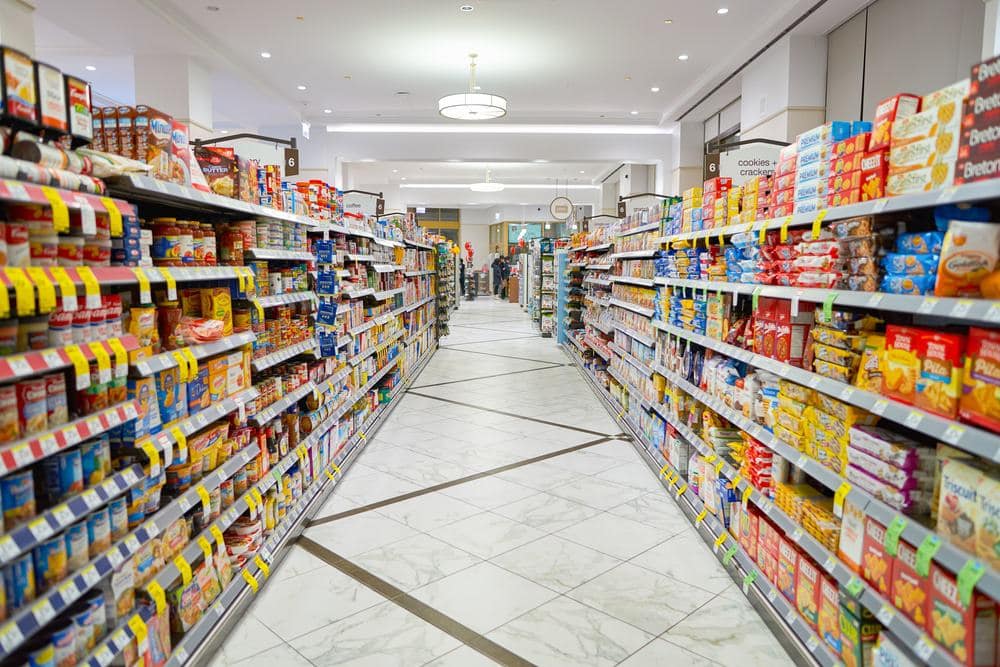 A row of aisles in a U.S. grocery store.
