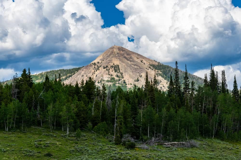 A mountain in Routt County, surrounded by trees and clouds.