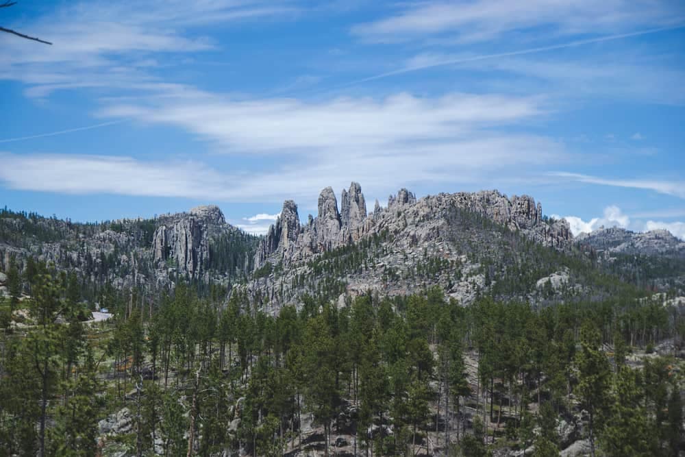 A scenic view of the rock formations in Black Hills National Park during the busy season.