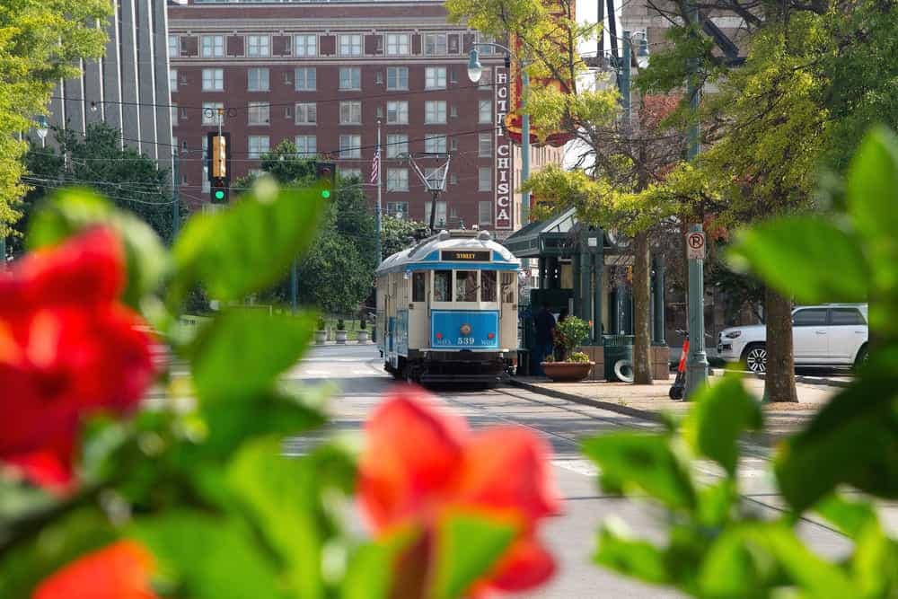 A blue trolley is traveling down a street with red flowers in York County.