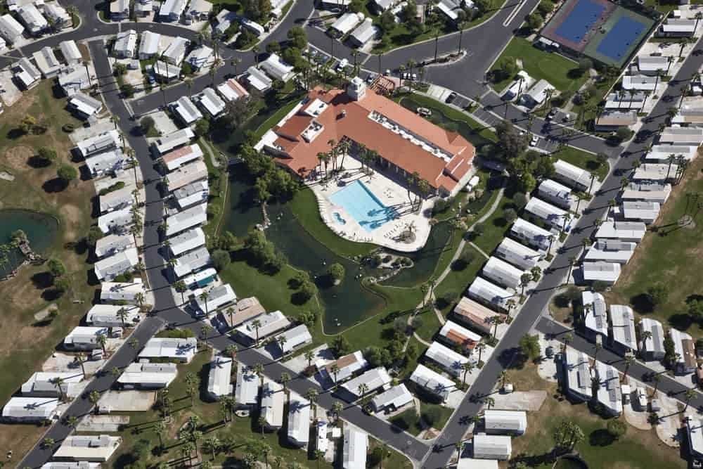 An aerial view of a caravan park in California.