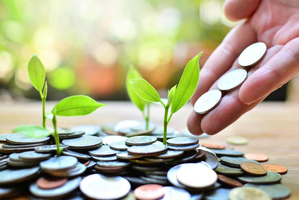 A hand holding a stack of coins with a plant growing out of them, symbolizing real estate investment and outside capital.
