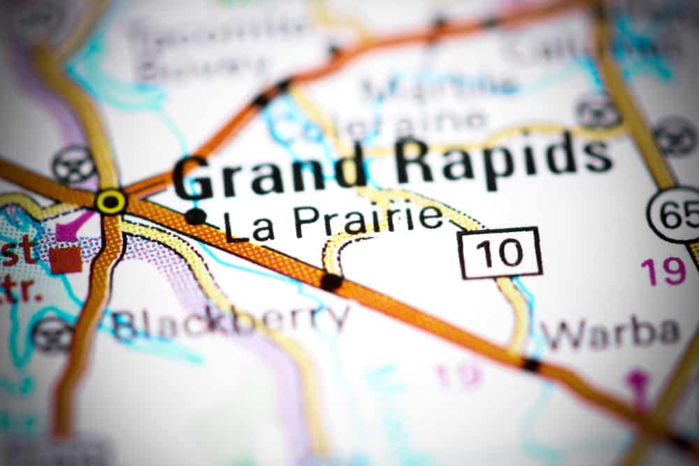 A map of Grand Rapids displaying the location of a nearby campground.