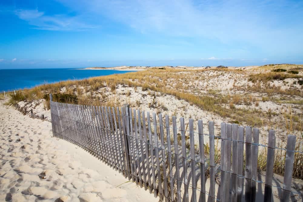A sand beach with a wooden fence and sand dunes, located within Delaware State Parks.