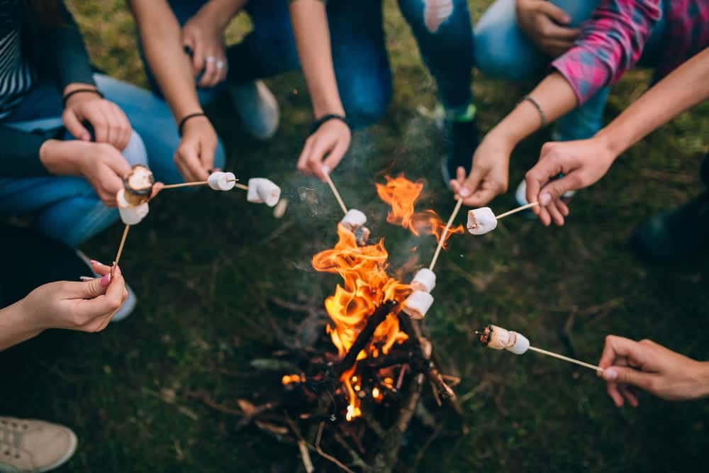 A group of friends holding marshmallows around a campfire during a Great Cause event where NRMA Parks and Resorts and Camp Quality Team Up.