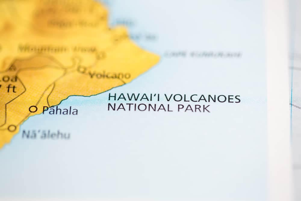 Hawai'i Volcanoes National Park, spanning over 333,000 acres, can be located on a map.