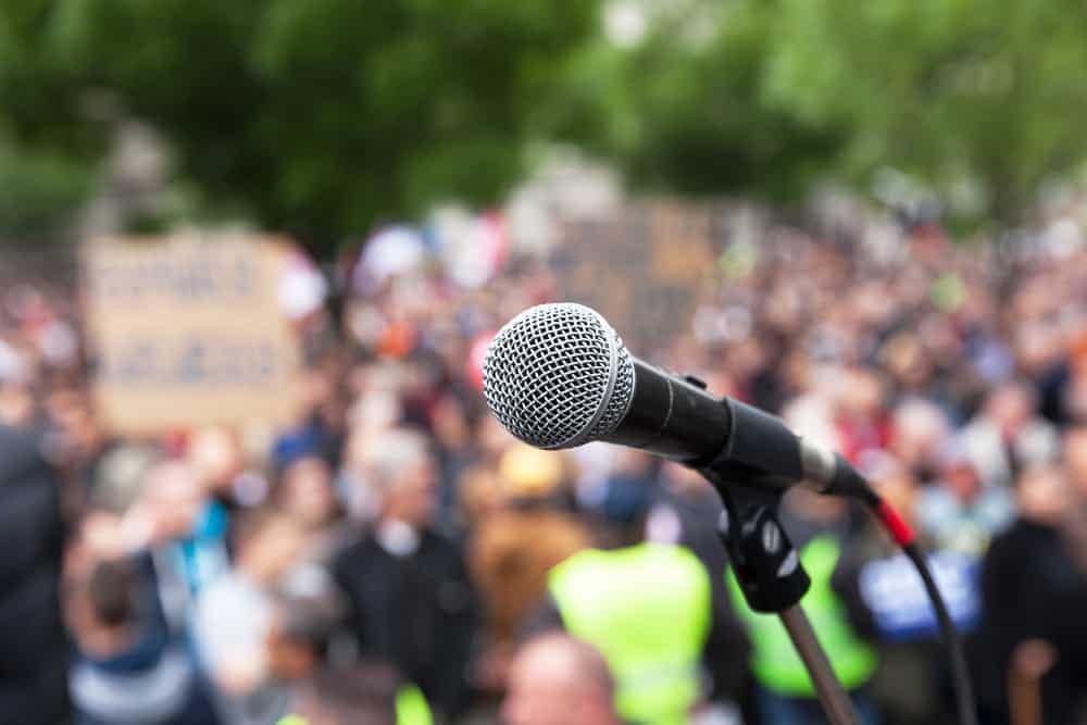 A microphone capturing the support of a crowd of people at the RVIA GSP Renewal.