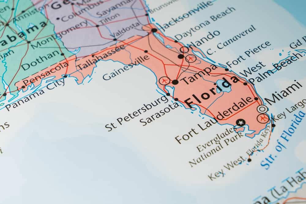 A close-up view of a map of Florida highlighting Blue Springs.